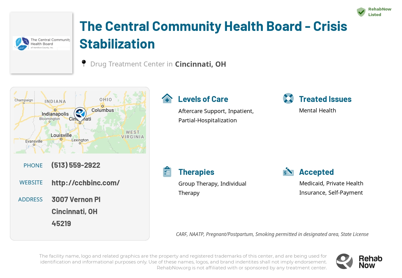 Helpful reference information for The Central Community Health Board - Crisis Stabilization, a drug treatment center in Ohio located at: 3007 Vernon Pl, Cincinnati, OH 45219, including phone numbers, official website, and more. Listed briefly is an overview of Levels of Care, Therapies Offered, Issues Treated, and accepted forms of Payment Methods.