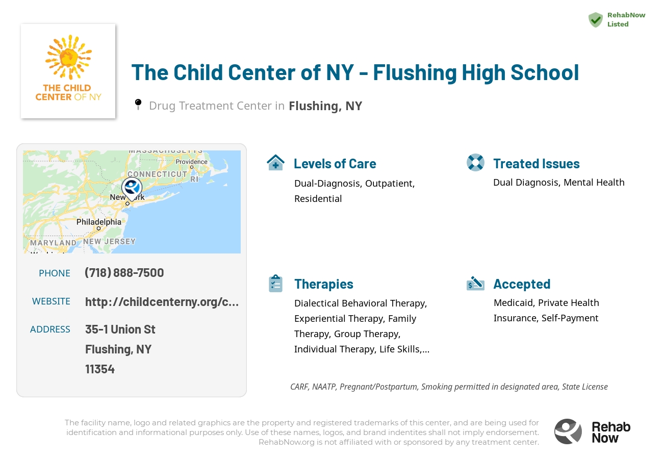 Helpful reference information for The Child Center of NY - Flushing High School, a drug treatment center in New York located at: 35-1 Union St, Flushing, NY 11354, including phone numbers, official website, and more. Listed briefly is an overview of Levels of Care, Therapies Offered, Issues Treated, and accepted forms of Payment Methods.