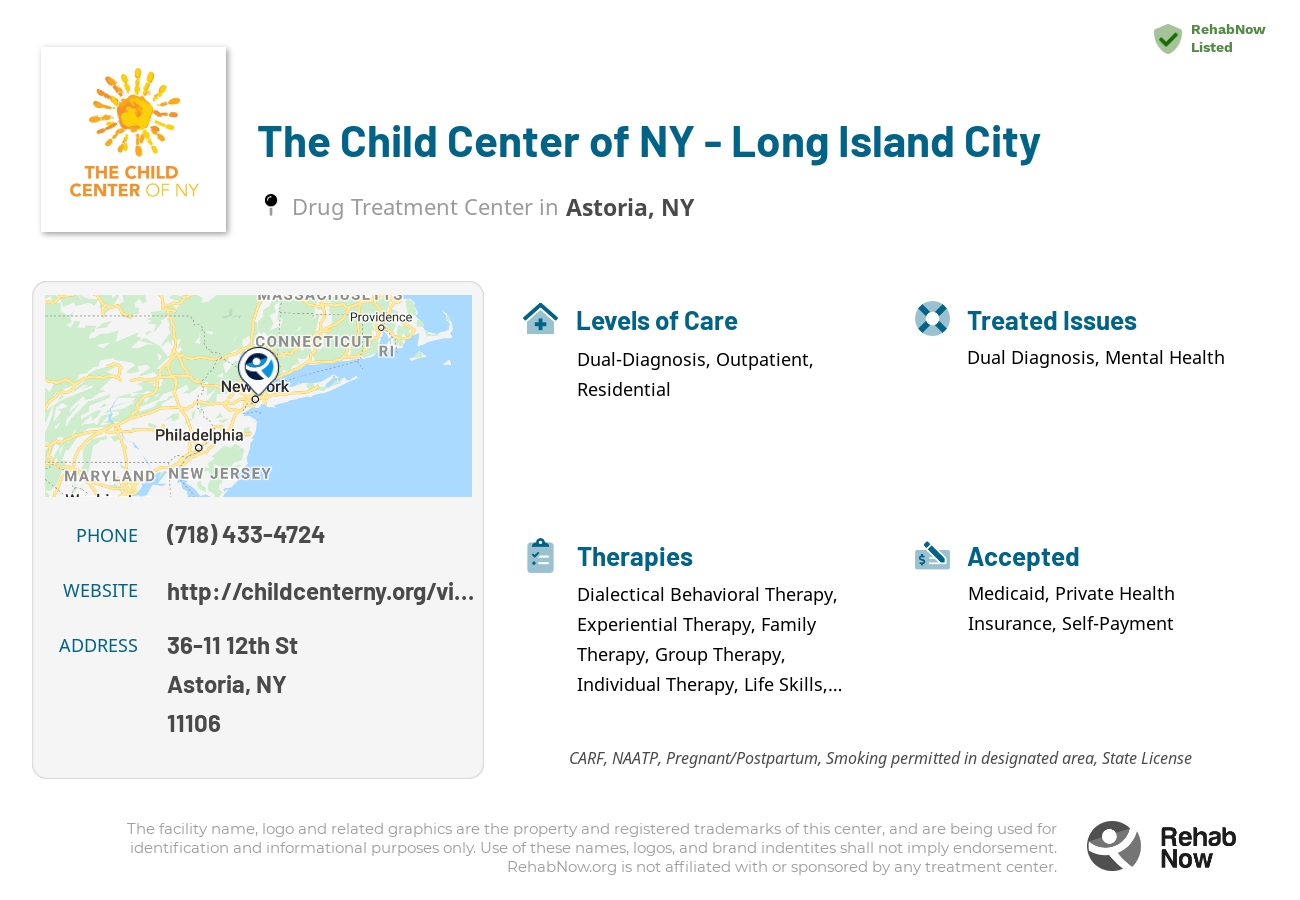 Helpful reference information for The Child Center of NY - Long Island City, a drug treatment center in New York located at: 36-11 12th St, Astoria, NY 11106, including phone numbers, official website, and more. Listed briefly is an overview of Levels of Care, Therapies Offered, Issues Treated, and accepted forms of Payment Methods.