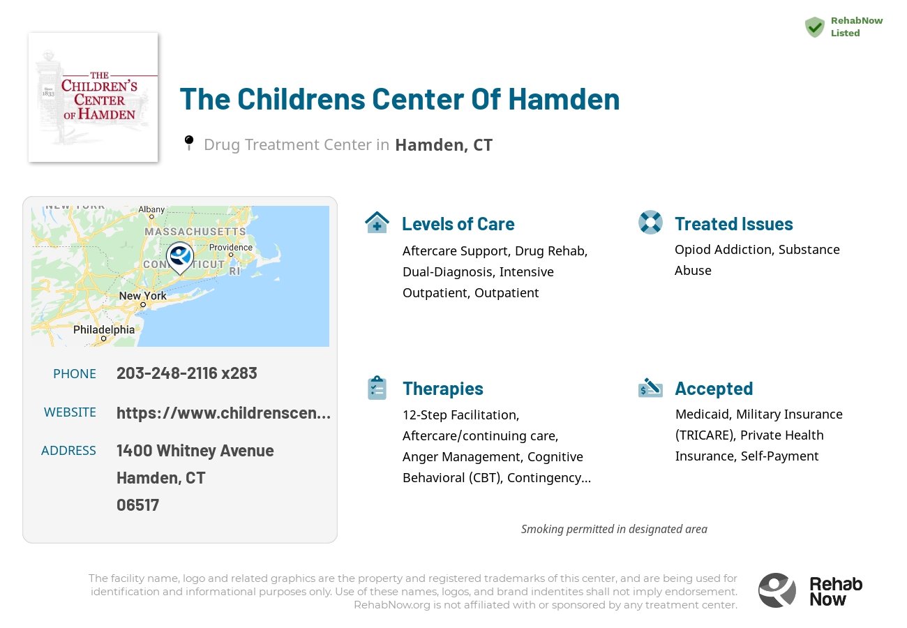 Helpful reference information for The Childrens Center Of Hamden, a drug treatment center in Connecticut located at: 1400 Whitney Avenue, Hamden, CT 06517, including phone numbers, official website, and more. Listed briefly is an overview of Levels of Care, Therapies Offered, Issues Treated, and accepted forms of Payment Methods.