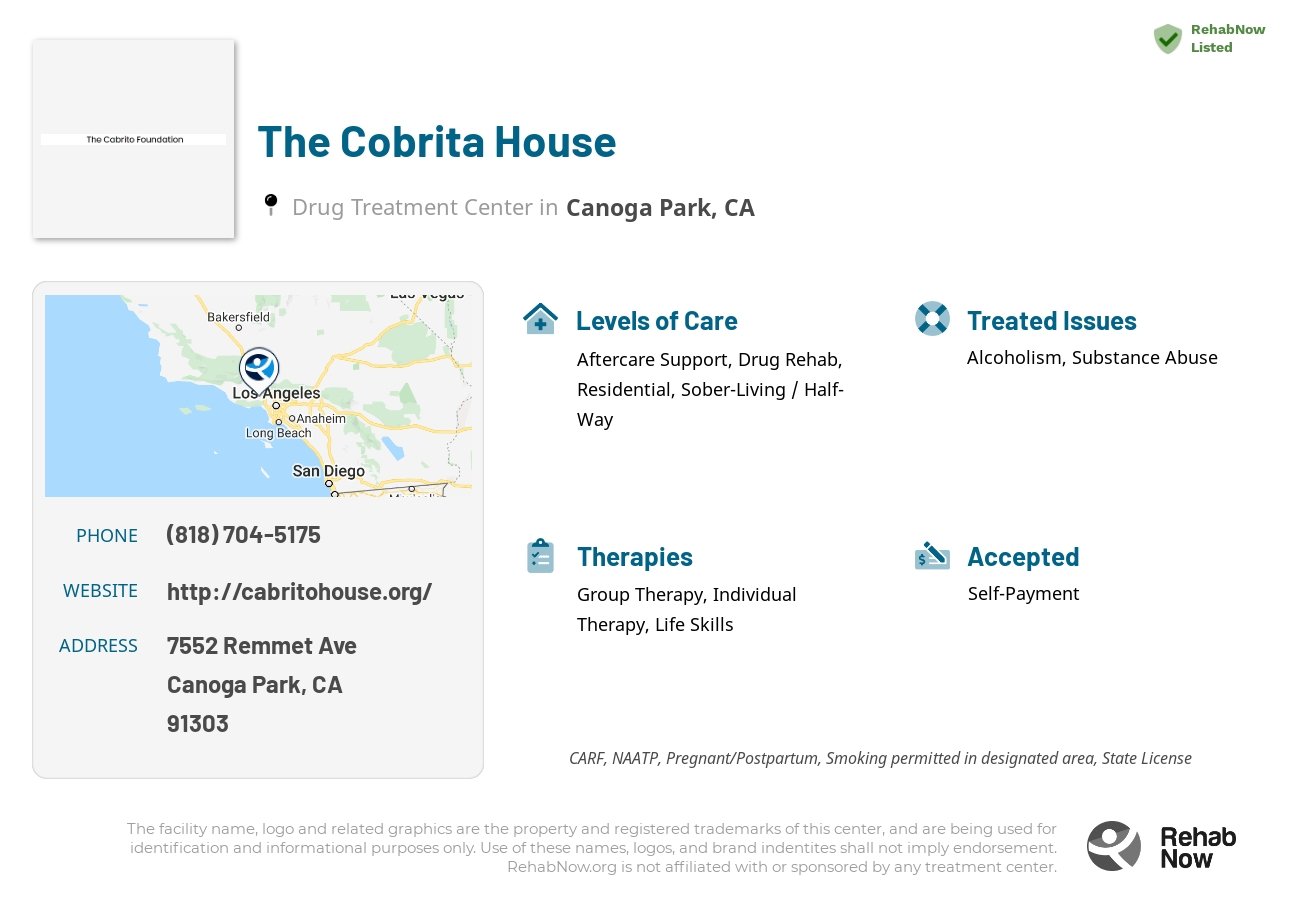 Helpful reference information for The Cobrita House, a drug treatment center in California located at: 7552 Remmet Ave, Canoga Park, CA 91303, including phone numbers, official website, and more. Listed briefly is an overview of Levels of Care, Therapies Offered, Issues Treated, and accepted forms of Payment Methods.