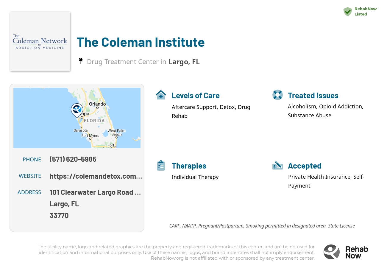 Helpful reference information for The Coleman Institute, a drug treatment center in Florida located at: 101 Clearwater Largo Road North, Largo, FL, 33770, including phone numbers, official website, and more. Listed briefly is an overview of Levels of Care, Therapies Offered, Issues Treated, and accepted forms of Payment Methods.