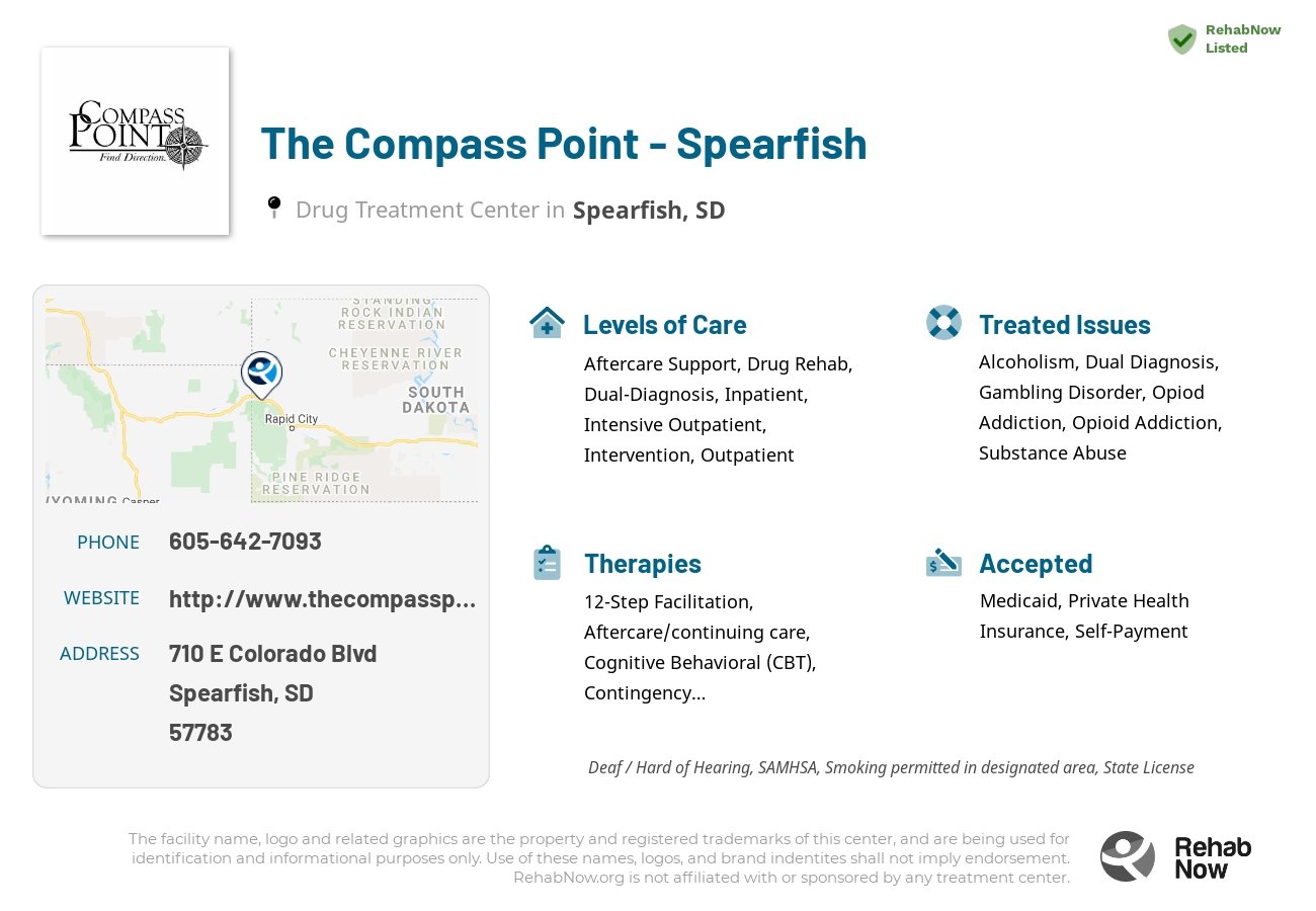 Helpful reference information for The Compass Point - Spearfish, a drug treatment center in South Dakota located at: 710 E Colorado Blvd, Spearfish, SD 57783, including phone numbers, official website, and more. Listed briefly is an overview of Levels of Care, Therapies Offered, Issues Treated, and accepted forms of Payment Methods.