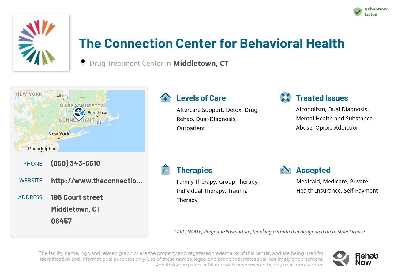 Helpful reference information for The Connection Center for Behavioral Health, a drug treatment center in Connecticut located at: 196 Court street, Middletown, CT, 06457, including phone numbers, official website, and more. Listed briefly is an overview of Levels of Care, Therapies Offered, Issues Treated, and accepted forms of Payment Methods.