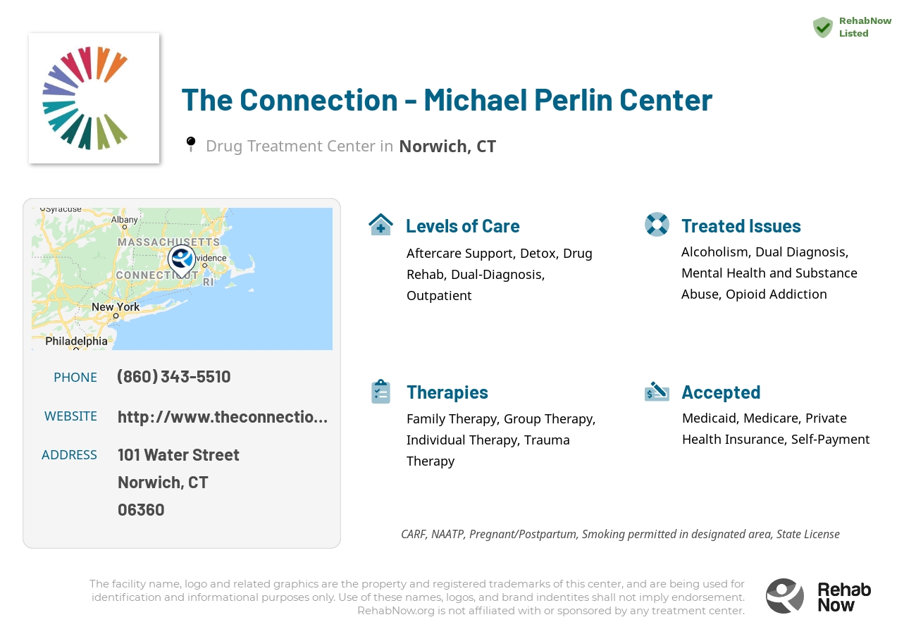 Helpful reference information for The Connection - Michael Perlin Center, a drug treatment center in Connecticut located at: 101 Water Street, Norwich, CT, 06360, including phone numbers, official website, and more. Listed briefly is an overview of Levels of Care, Therapies Offered, Issues Treated, and accepted forms of Payment Methods.