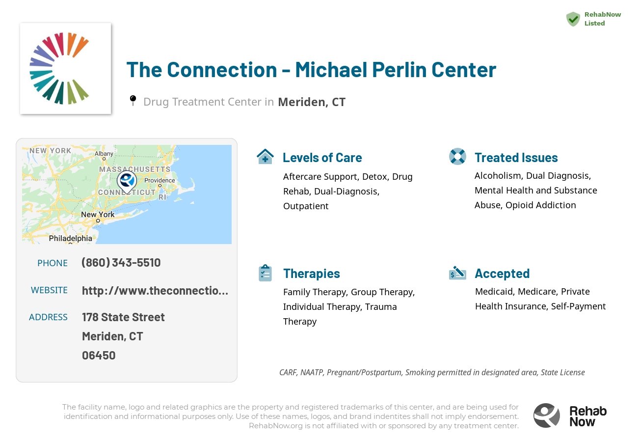 Helpful reference information for The Connection - Michael Perlin Center, a drug treatment center in Connecticut located at: 178 State Street, Meriden, CT, 06450, including phone numbers, official website, and more. Listed briefly is an overview of Levels of Care, Therapies Offered, Issues Treated, and accepted forms of Payment Methods.