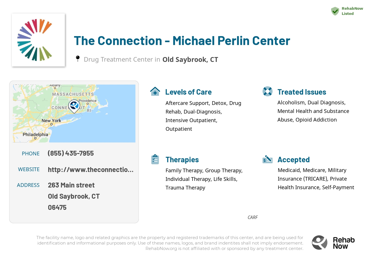 Helpful reference information for The Connection - Michael Perlin Center, a drug treatment center in Connecticut located at: 263 Main street, Old Saybrook, CT, 06475, including phone numbers, official website, and more. Listed briefly is an overview of Levels of Care, Therapies Offered, Issues Treated, and accepted forms of Payment Methods.
