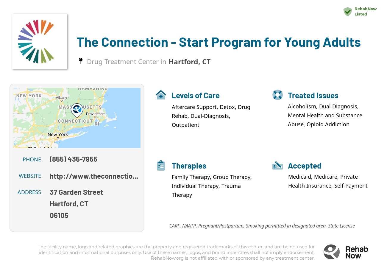 Helpful reference information for The Connection - Start Program for Young Adults, a drug treatment center in Connecticut located at: 37 Garden Street, Hartford, CT, 06105, including phone numbers, official website, and more. Listed briefly is an overview of Levels of Care, Therapies Offered, Issues Treated, and accepted forms of Payment Methods.