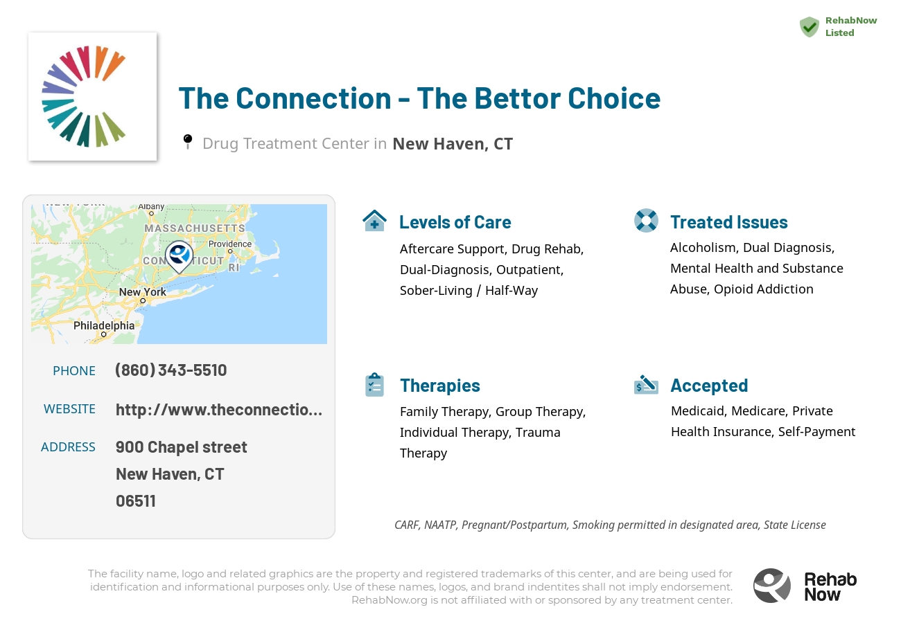 Helpful reference information for The Connection - The Bettor Choice, a drug treatment center in Connecticut located at: 900 Chapel street, New Haven, CT, 06511, including phone numbers, official website, and more. Listed briefly is an overview of Levels of Care, Therapies Offered, Issues Treated, and accepted forms of Payment Methods.