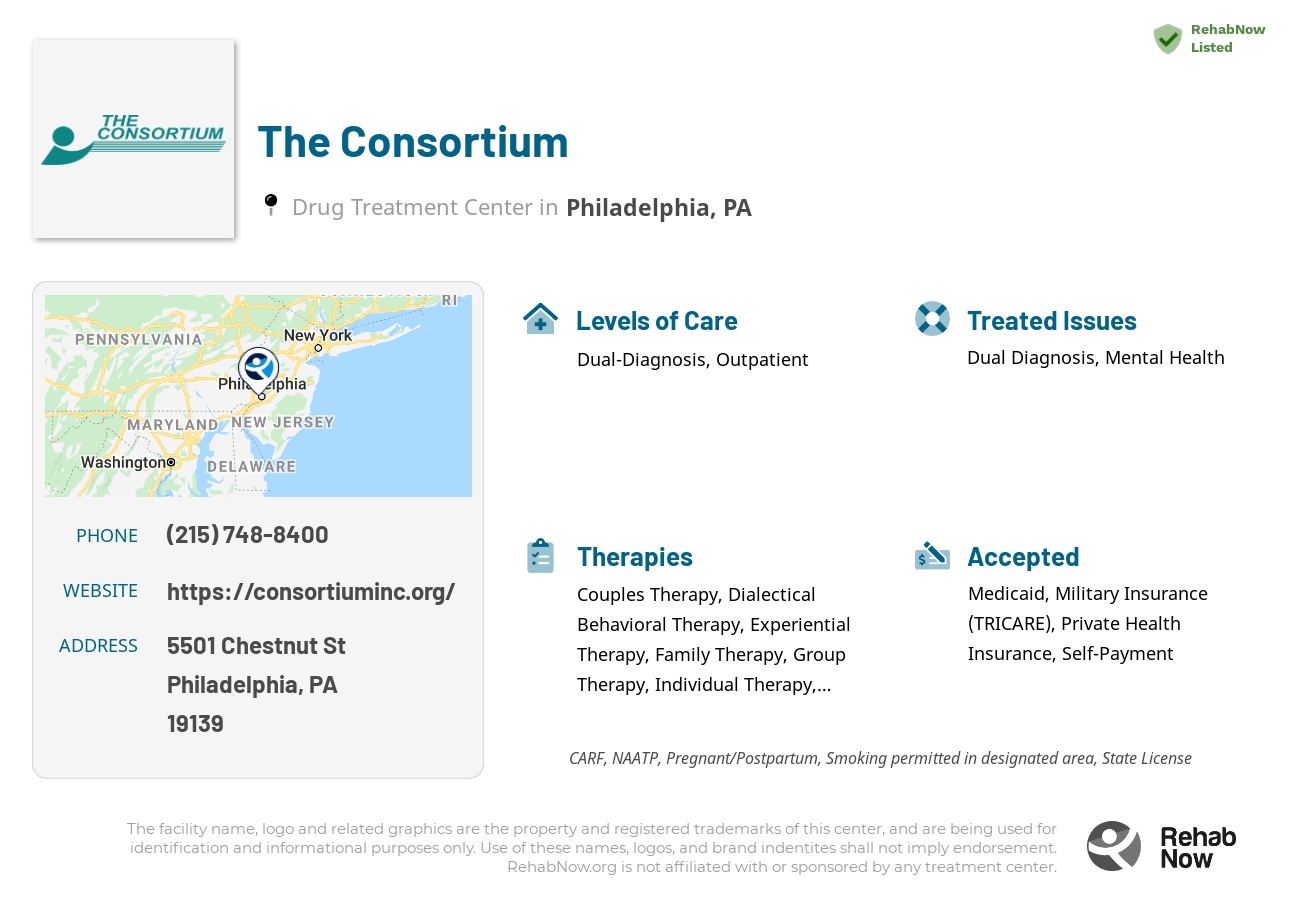 Helpful reference information for The Consortium, a drug treatment center in Pennsylvania located at: 5501 Chestnut St, Philadelphia, PA 19139, including phone numbers, official website, and more. Listed briefly is an overview of Levels of Care, Therapies Offered, Issues Treated, and accepted forms of Payment Methods.