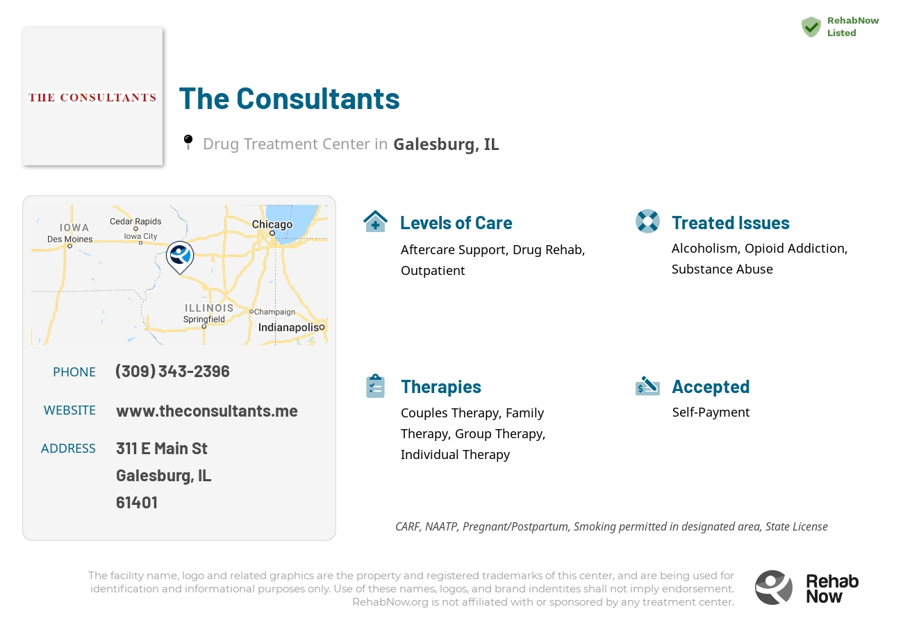 Helpful reference information for The Consultants, a drug treatment center in Illinois located at: 311 E Main St, Galesburg, IL 61401, including phone numbers, official website, and more. Listed briefly is an overview of Levels of Care, Therapies Offered, Issues Treated, and accepted forms of Payment Methods.