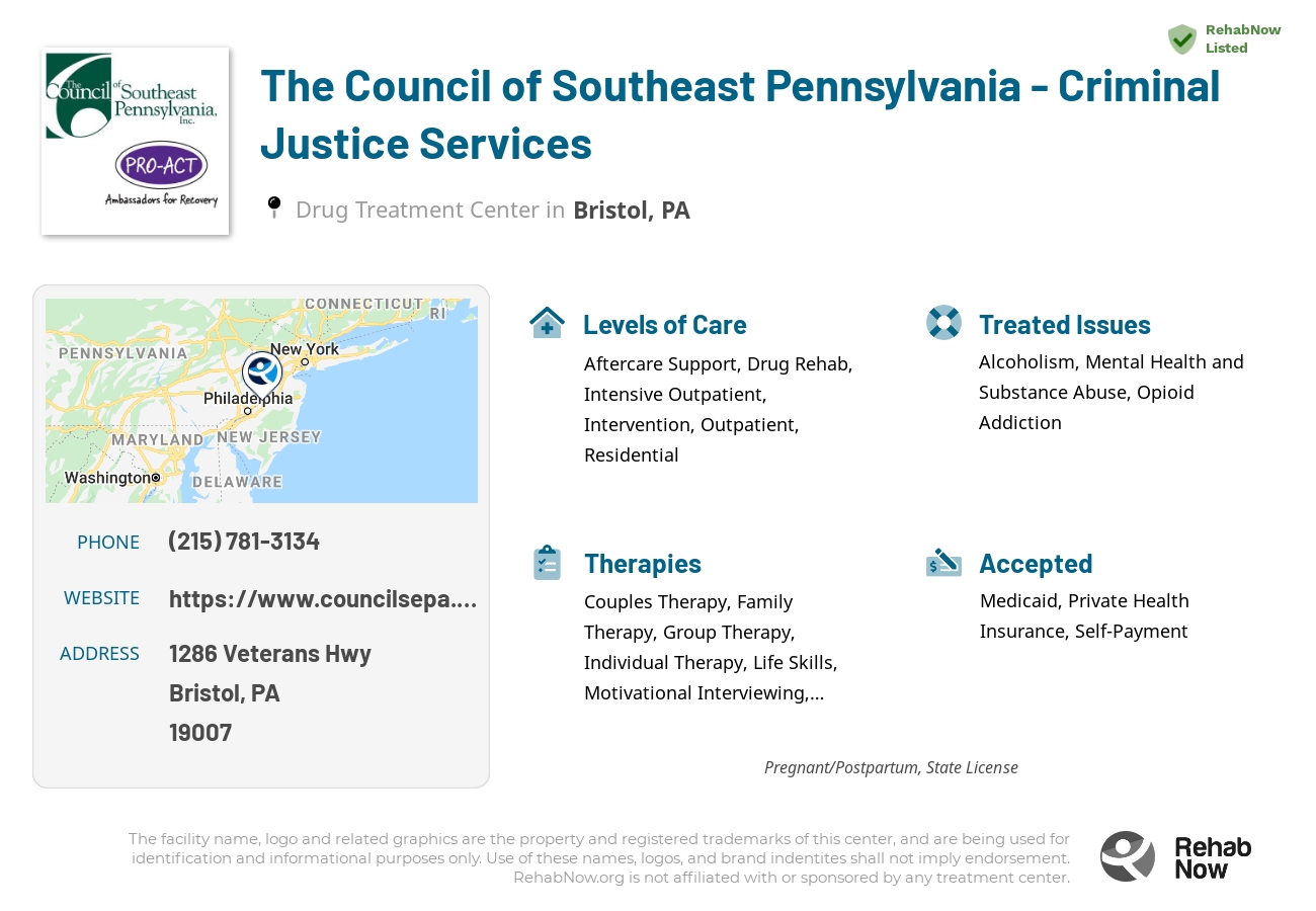 Helpful reference information for The Council of Southeast Pennsylvania - Criminal Justice Services, a drug treatment center in Pennsylvania located at: 1286 Veterans Hwy, Bristol, PA 19007, including phone numbers, official website, and more. Listed briefly is an overview of Levels of Care, Therapies Offered, Issues Treated, and accepted forms of Payment Methods.