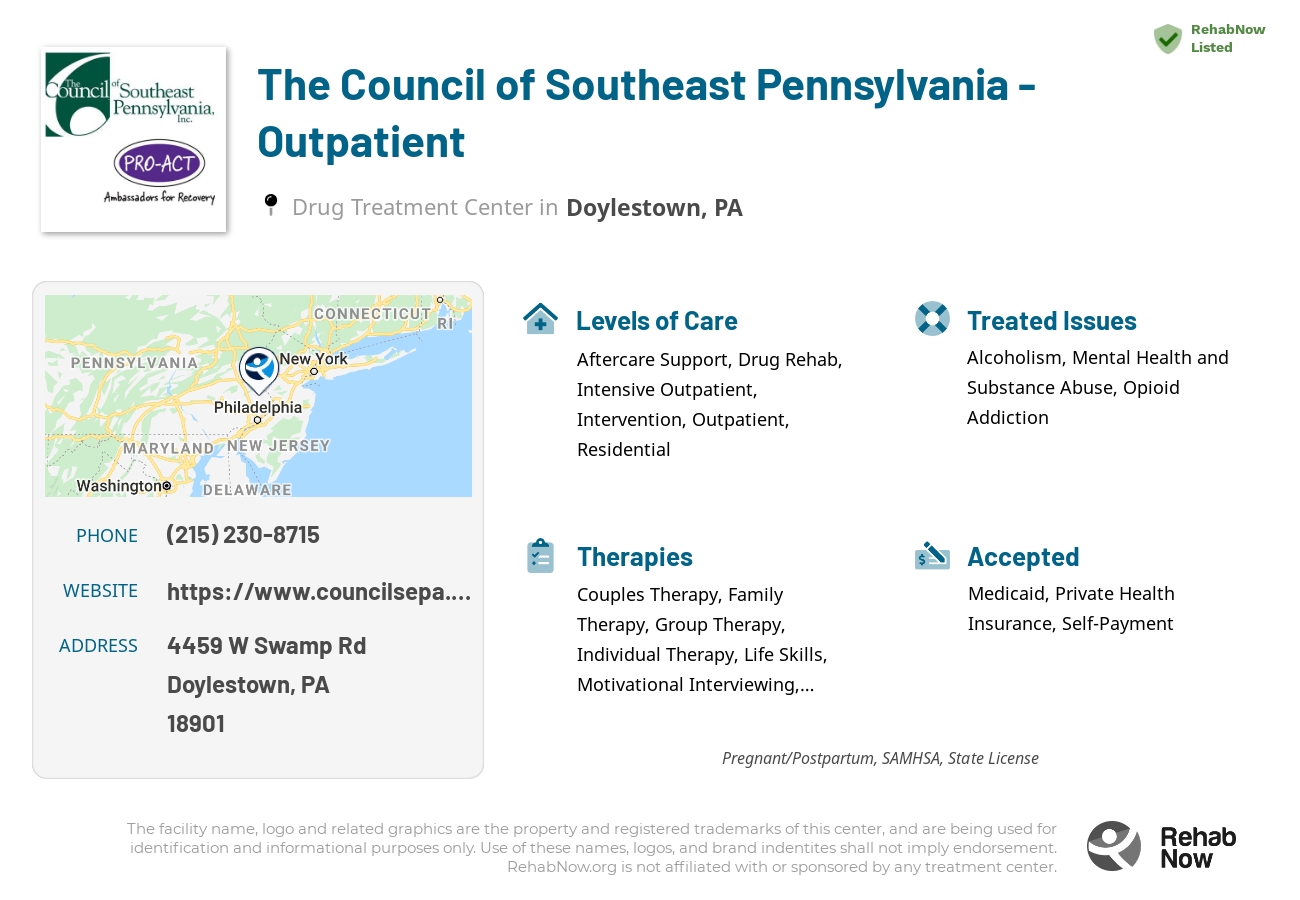 Helpful reference information for The Council of Southeast Pennsylvania - Outpatient, a drug treatment center in Pennsylvania located at: 4459 W Swamp Rd, Doylestown, PA 18901, including phone numbers, official website, and more. Listed briefly is an overview of Levels of Care, Therapies Offered, Issues Treated, and accepted forms of Payment Methods.