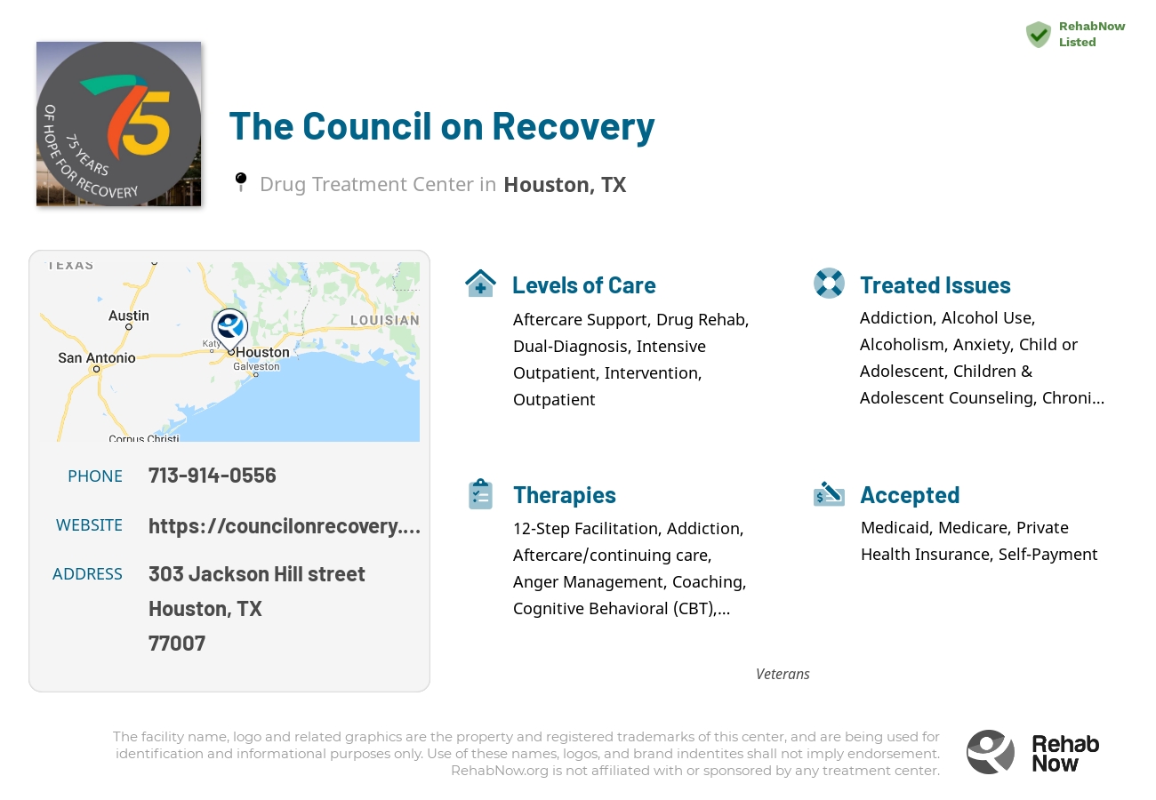 Helpful reference information for The Council on Recovery, a drug treatment center in Texas located at: 303 Jackson Hill street, Houston, TX, 77007, including phone numbers, official website, and more. Listed briefly is an overview of Levels of Care, Therapies Offered, Issues Treated, and accepted forms of Payment Methods.