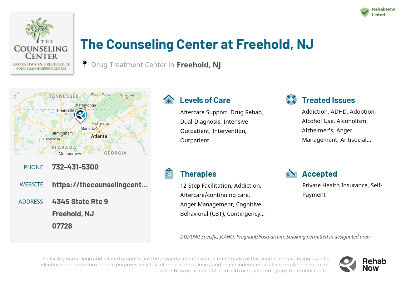 Helpful reference information for The Counseling Center at Freehold, NJ, a drug treatment center in New Jersey located at: 4345 State Rte 9, Freehold, NJ 07728, including phone numbers, official website, and more. Listed briefly is an overview of Levels of Care, Therapies Offered, Issues Treated, and accepted forms of Payment Methods.
