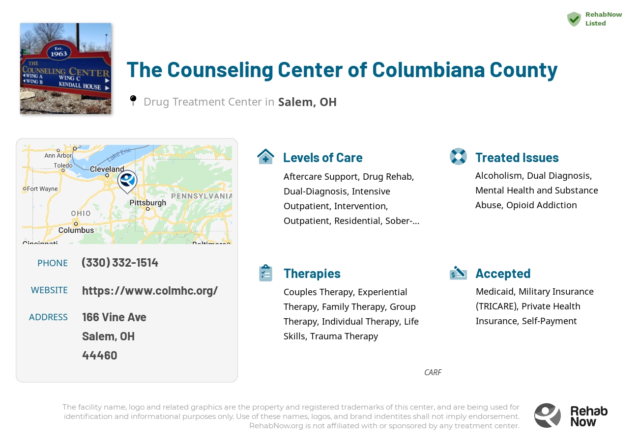 Helpful reference information for The Counseling Center of Columbiana County, a drug treatment center in Ohio located at: 166 Vine Ave, Salem, OH 44460, including phone numbers, official website, and more. Listed briefly is an overview of Levels of Care, Therapies Offered, Issues Treated, and accepted forms of Payment Methods.