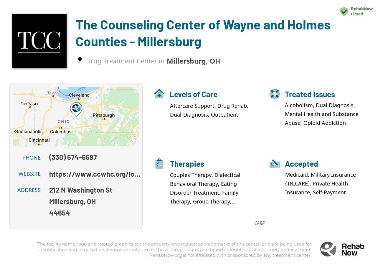 Helpful reference information for The Counseling Center of Wayne and Holmes Counties - Millersburg, a drug treatment center in Ohio located at: 212 N Washington St, Millersburg, OH 44654, including phone numbers, official website, and more. Listed briefly is an overview of Levels of Care, Therapies Offered, Issues Treated, and accepted forms of Payment Methods.