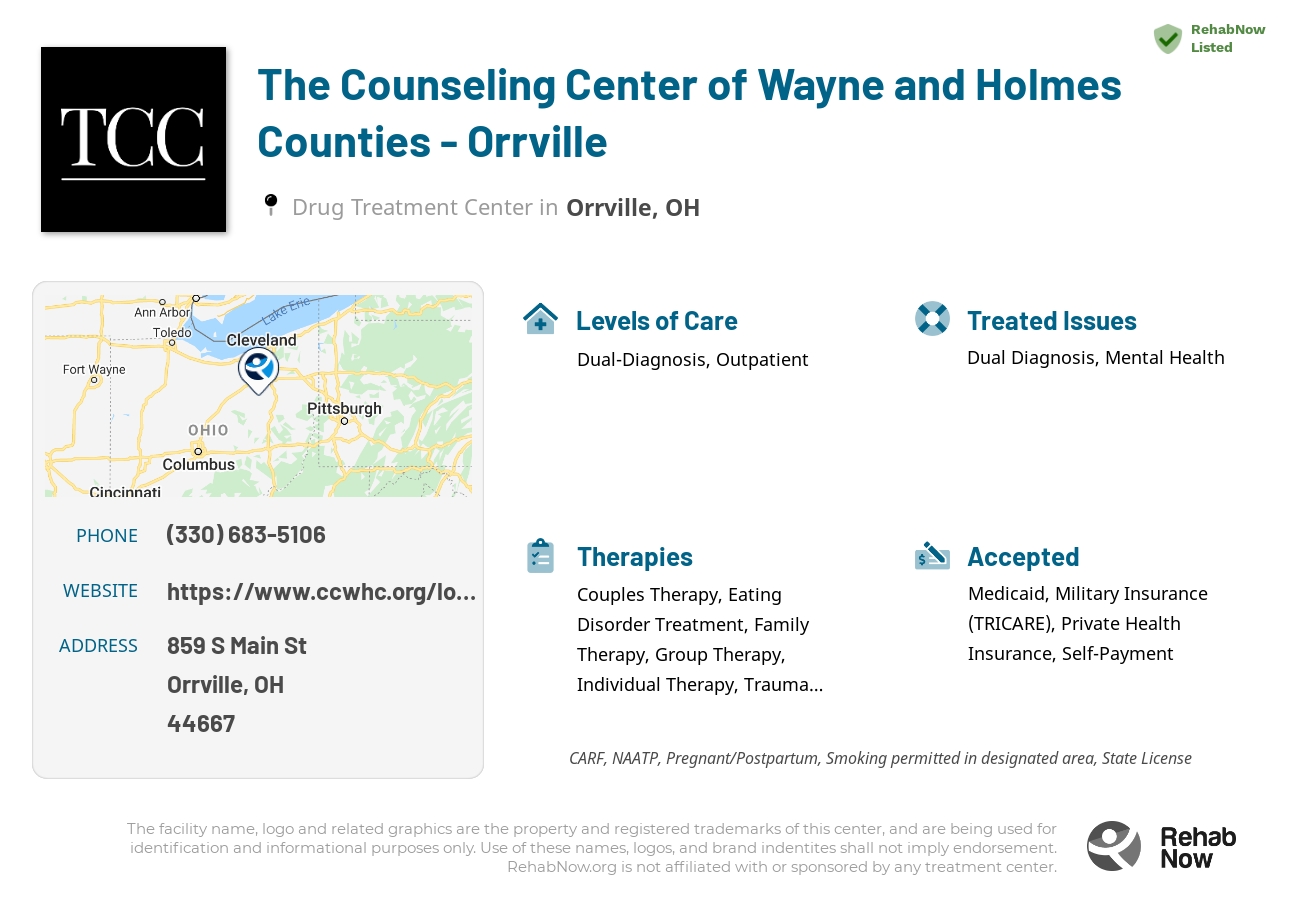Helpful reference information for The Counseling Center of Wayne and Holmes Counties - Orrville, a drug treatment center in Ohio located at: 859 S Main St, Orrville, OH 44667, including phone numbers, official website, and more. Listed briefly is an overview of Levels of Care, Therapies Offered, Issues Treated, and accepted forms of Payment Methods.