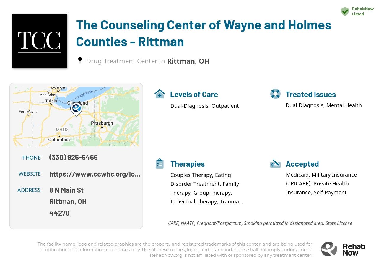 Helpful reference information for The Counseling Center of Wayne and Holmes Counties - Rittman, a drug treatment center in Ohio located at: 8 N Main St, Rittman, OH 44270, including phone numbers, official website, and more. Listed briefly is an overview of Levels of Care, Therapies Offered, Issues Treated, and accepted forms of Payment Methods.
