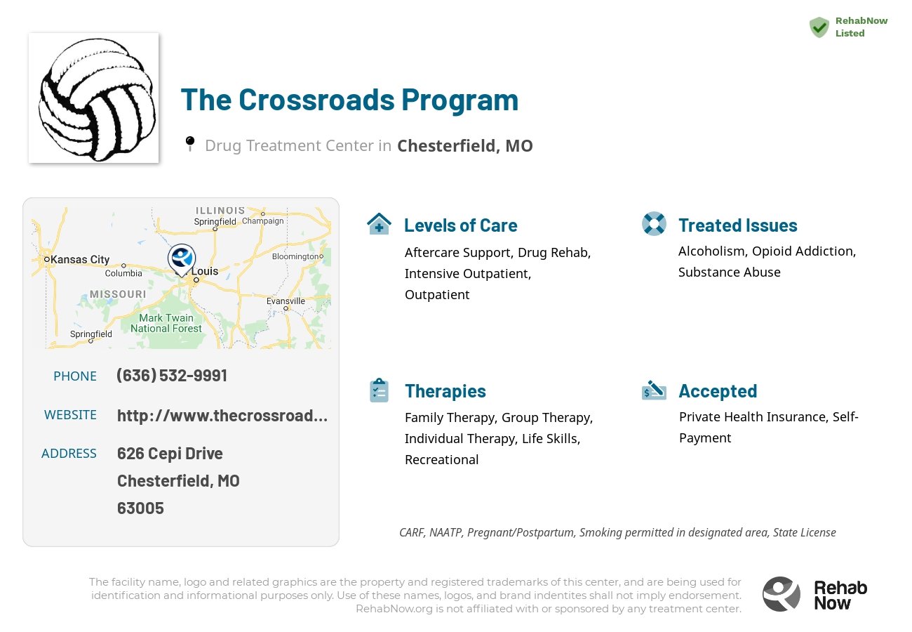 Helpful reference information for The Crossroads Program, a drug treatment center in Missouri located at: 626 Cepi Drive, Chesterfield, MO, 63005, including phone numbers, official website, and more. Listed briefly is an overview of Levels of Care, Therapies Offered, Issues Treated, and accepted forms of Payment Methods.
