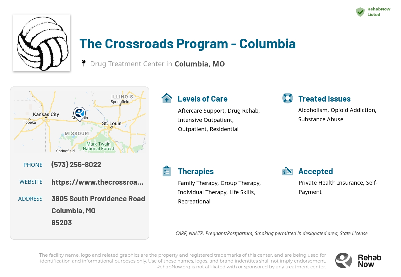 Helpful reference information for The Crossroads Program - Columbia, a drug treatment center in Missouri located at: 3605 3605 South Providence Road, Columbia, MO 65203, including phone numbers, official website, and more. Listed briefly is an overview of Levels of Care, Therapies Offered, Issues Treated, and accepted forms of Payment Methods.
