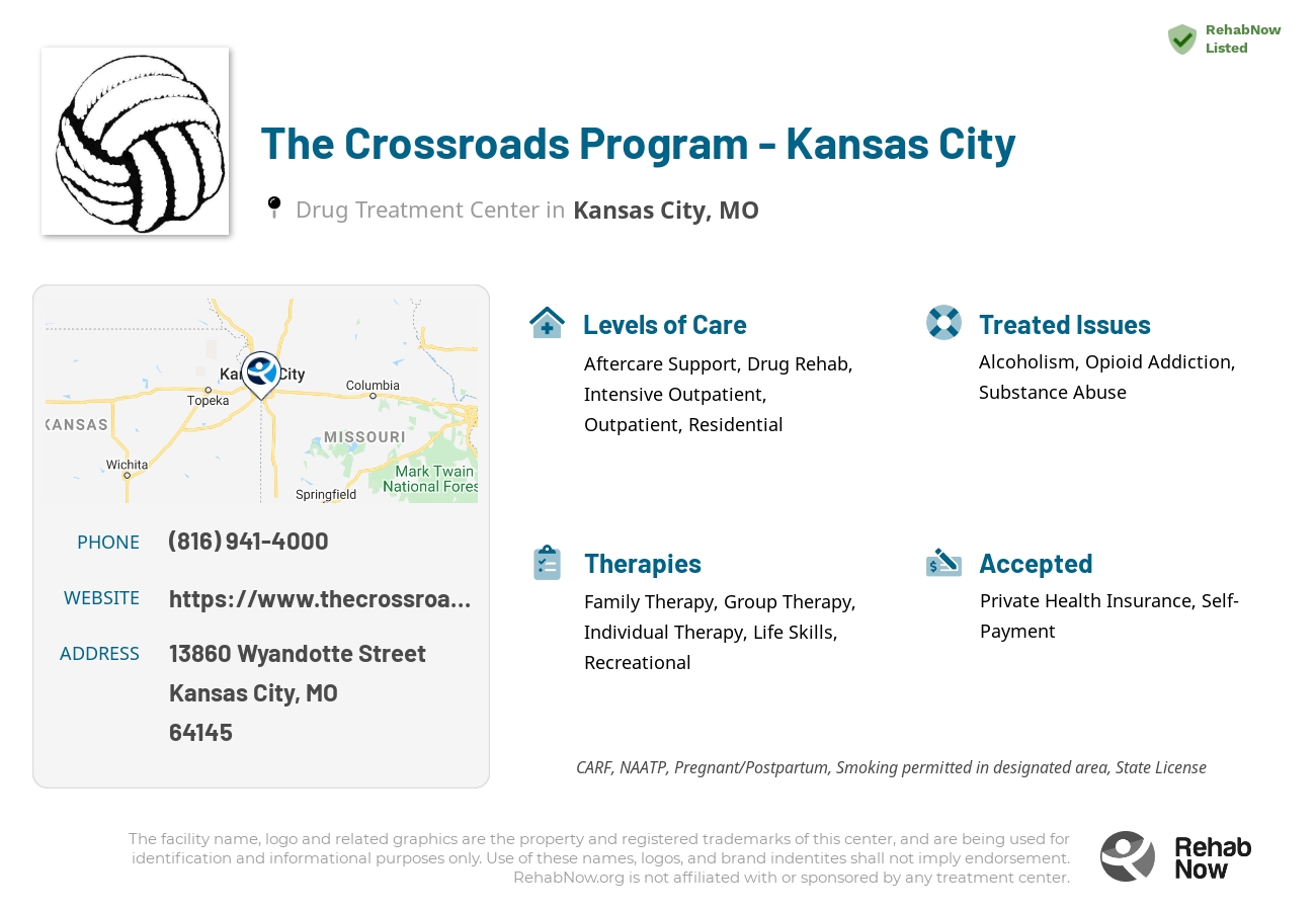 Helpful reference information for The Crossroads Program - Kansas City, a drug treatment center in Missouri located at: 13860 13860 Wyandotte Street, Kansas City, MO 64145, including phone numbers, official website, and more. Listed briefly is an overview of Levels of Care, Therapies Offered, Issues Treated, and accepted forms of Payment Methods.