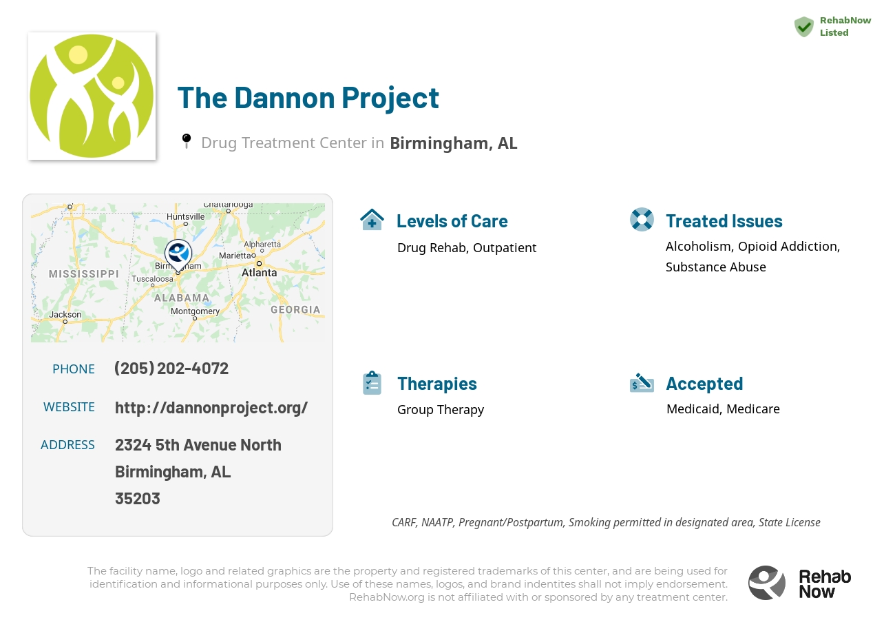 Helpful reference information for The Dannon Project, a drug treatment center in Alabama located at: 2324 5th Avenue North, Birmingham, AL, 35203, including phone numbers, official website, and more. Listed briefly is an overview of Levels of Care, Therapies Offered, Issues Treated, and accepted forms of Payment Methods.