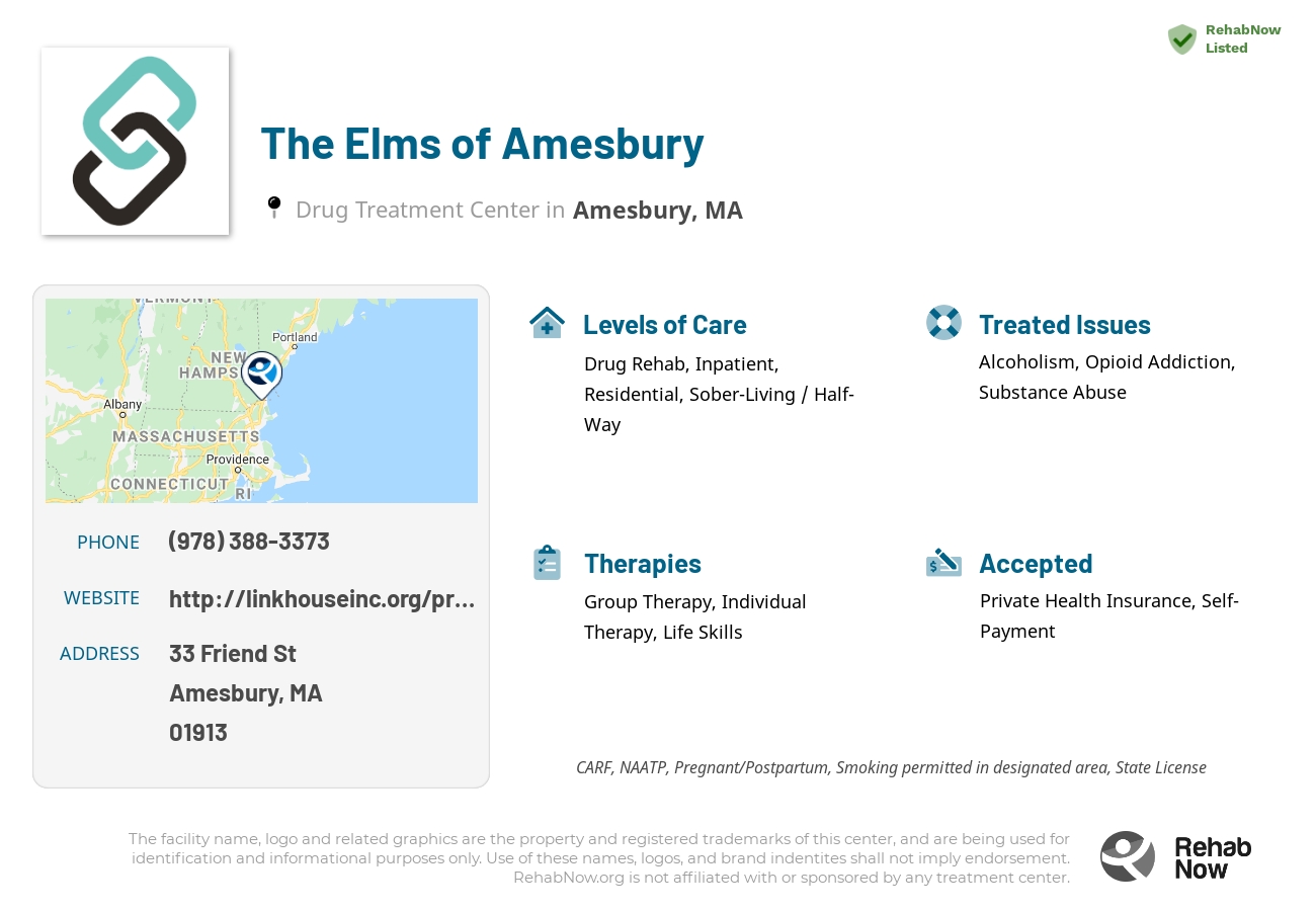 Helpful reference information for The Elms of Amesbury, a drug treatment center in Massachusetts located at: 33 Friend St, Amesbury, MA 01913, including phone numbers, official website, and more. Listed briefly is an overview of Levels of Care, Therapies Offered, Issues Treated, and accepted forms of Payment Methods.