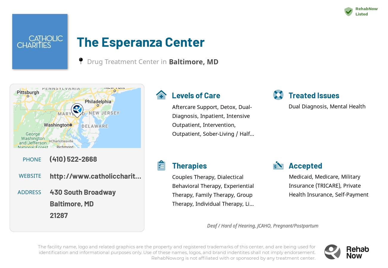 Helpful reference information for The Esperanza Center, a drug treatment center in Maryland located at: 430 South Broadway, Baltimore, MD, 21287, including phone numbers, official website, and more. Listed briefly is an overview of Levels of Care, Therapies Offered, Issues Treated, and accepted forms of Payment Methods.