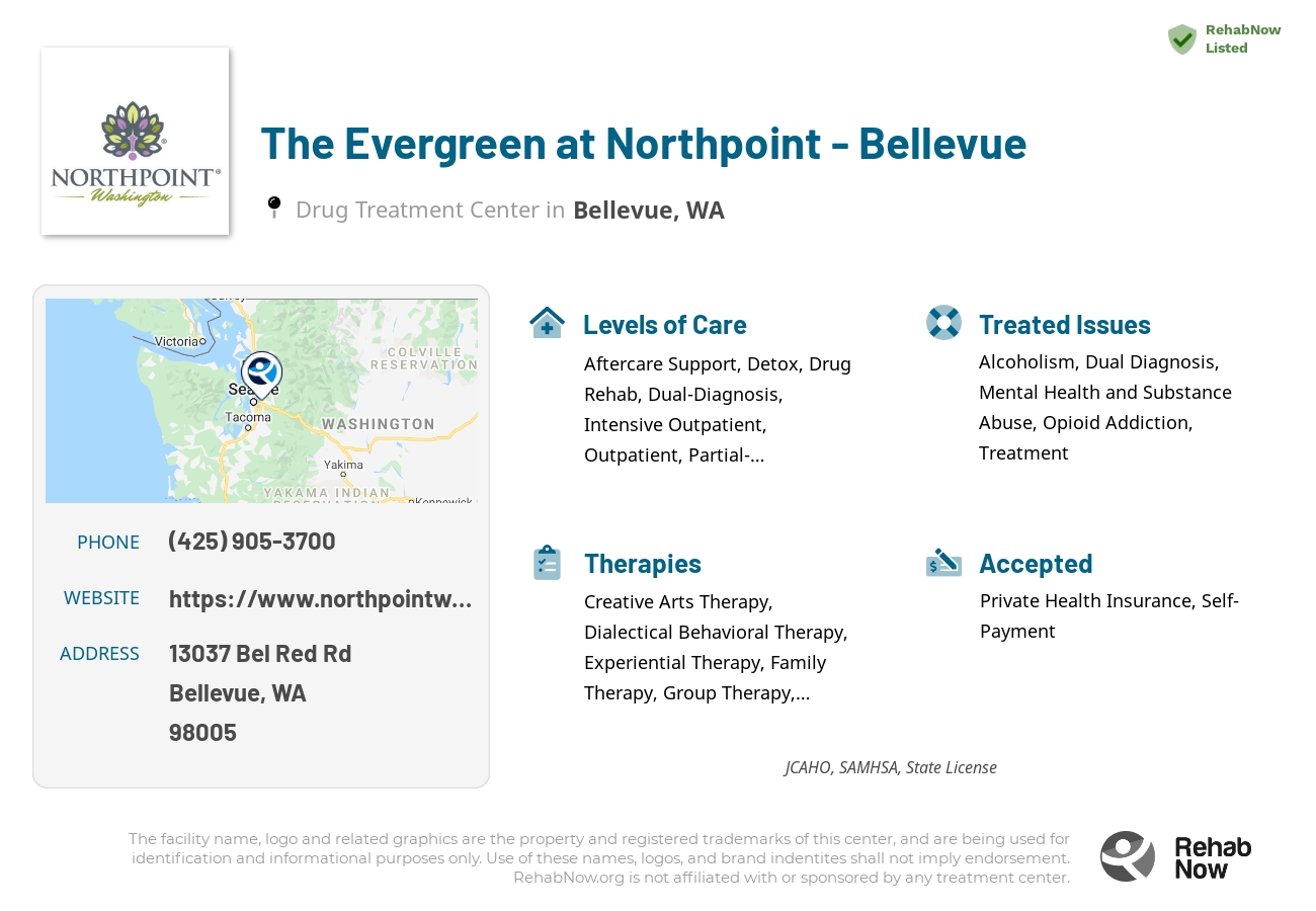 Helpful reference information for The Evergreen at Northpoint - Bellevue, a drug treatment center in Washington located at: 13037 Bel Red Rd, Bellevue, WA 98005, including phone numbers, official website, and more. Listed briefly is an overview of Levels of Care, Therapies Offered, Issues Treated, and accepted forms of Payment Methods.