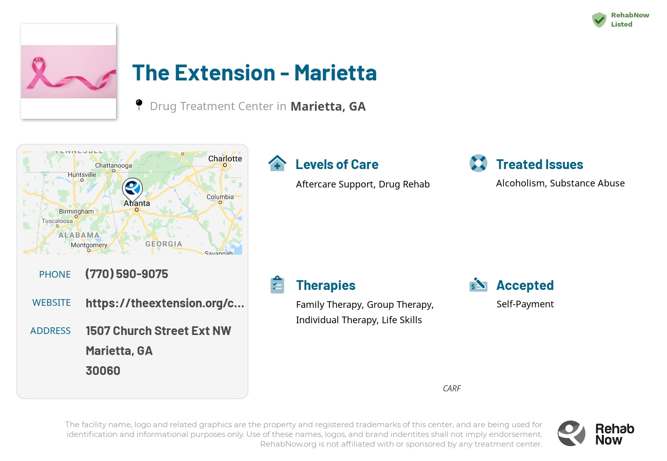 Helpful reference information for The Extension - Marietta, a drug treatment center in Georgia located at: 1507 1507 Church Street Ext NW, Marietta, GA 30060, including phone numbers, official website, and more. Listed briefly is an overview of Levels of Care, Therapies Offered, Issues Treated, and accepted forms of Payment Methods.
