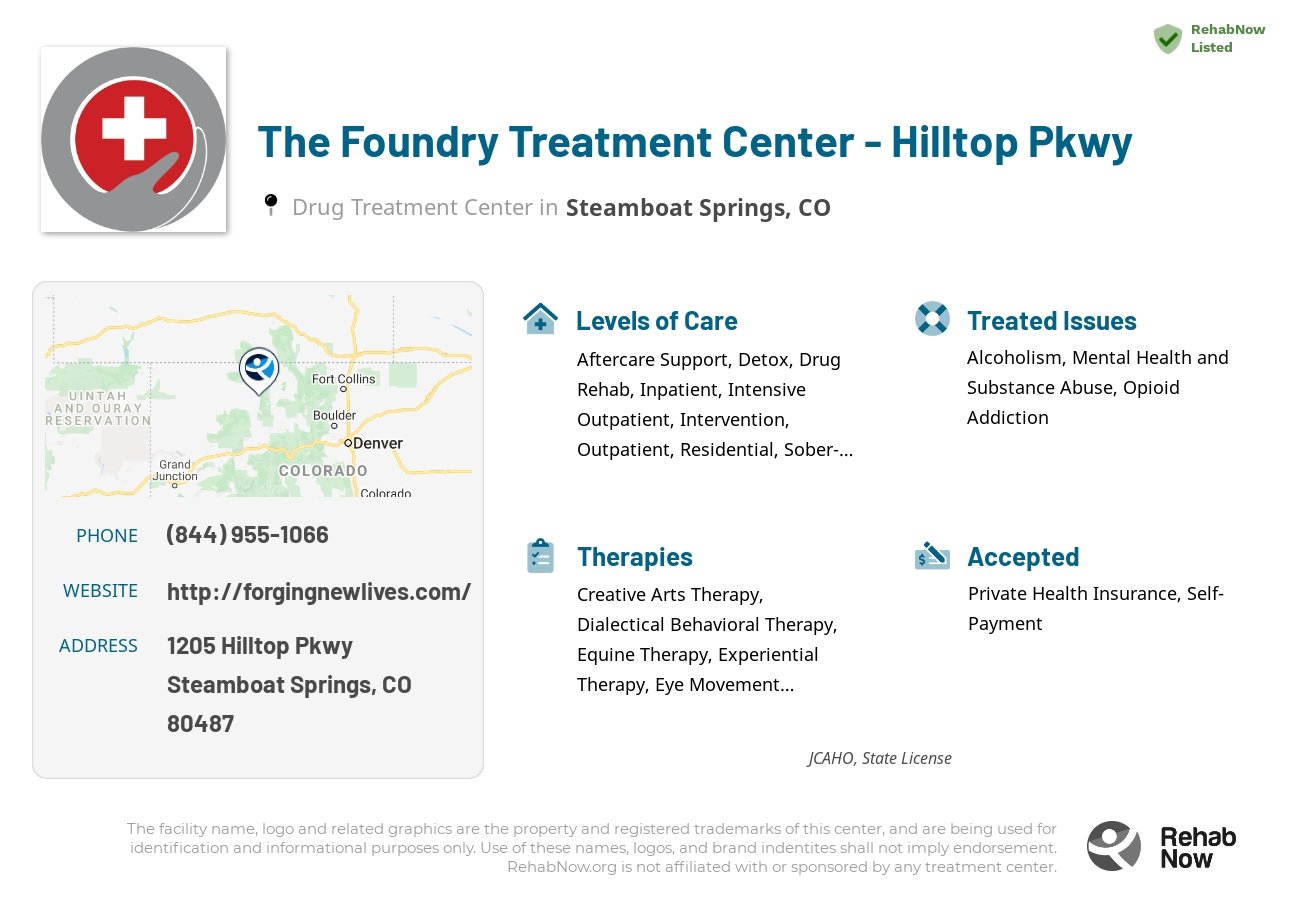 Helpful reference information for The Foundry Treatment Center - Hilltop Pkwy, a drug treatment center in Colorado located at: 1205 Hilltop Pkwy, Steamboat Springs, CO, 80487, including phone numbers, official website, and more. Listed briefly is an overview of Levels of Care, Therapies Offered, Issues Treated, and accepted forms of Payment Methods.
