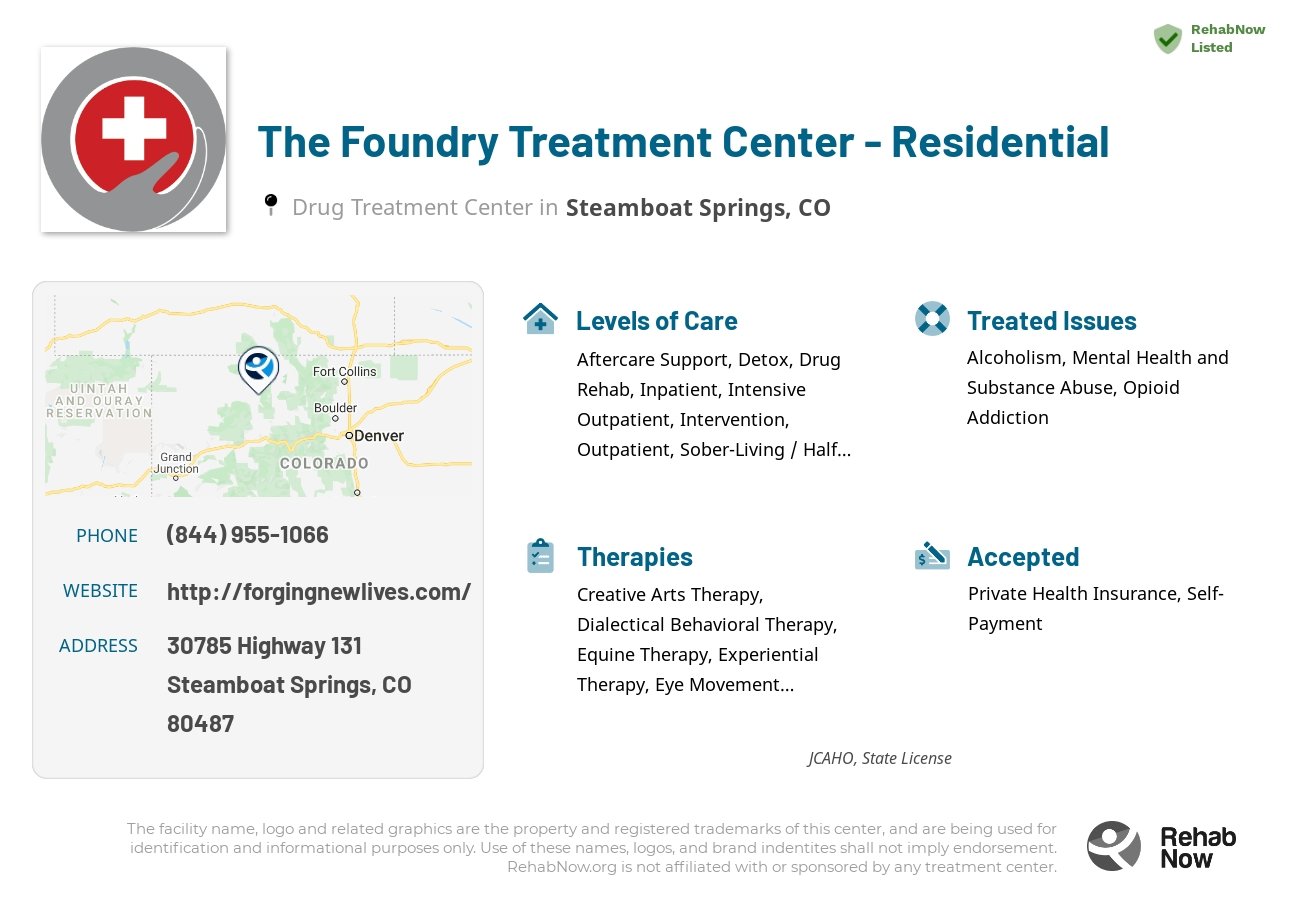 Helpful reference information for The Foundry Treatment Center - Residential, a drug treatment center in Colorado located at: 30785 Highway 131, Steamboat Springs, CO, 80487, including phone numbers, official website, and more. Listed briefly is an overview of Levels of Care, Therapies Offered, Issues Treated, and accepted forms of Payment Methods.