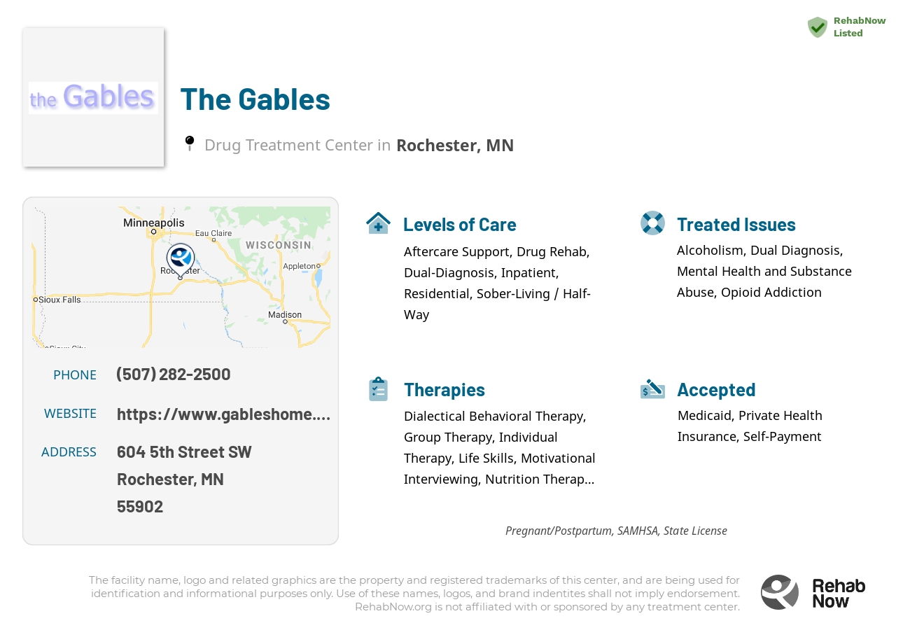 Helpful reference information for The Gables, a drug treatment center in Minnesota located at: 604 5th Street SW, Rochester, MN, 55902, including phone numbers, official website, and more. Listed briefly is an overview of Levels of Care, Therapies Offered, Issues Treated, and accepted forms of Payment Methods.