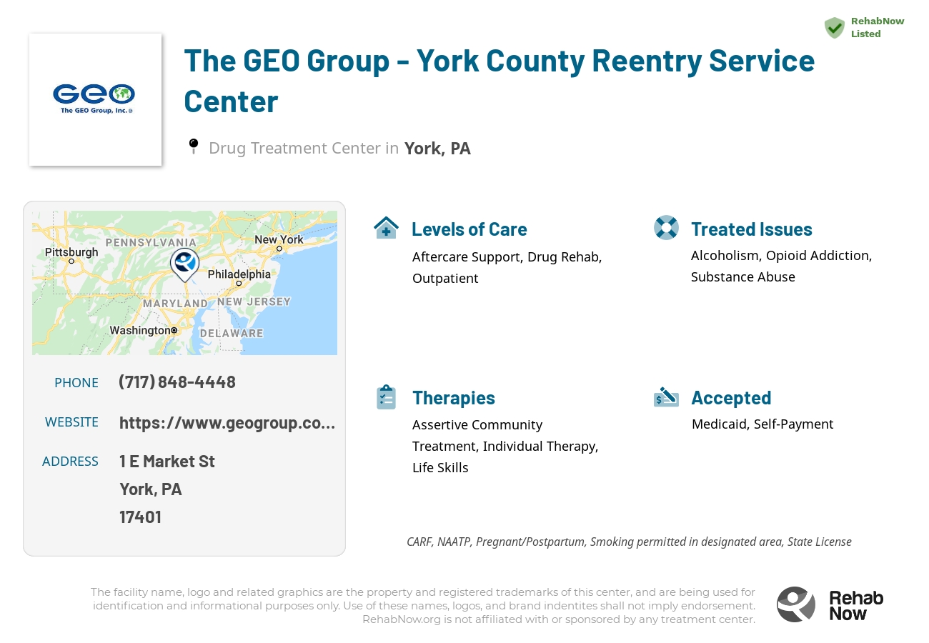Helpful reference information for The GEO Group - York County Reentry Service Center, a drug treatment center in Pennsylvania located at: 1 E Market St, York, PA 17401, including phone numbers, official website, and more. Listed briefly is an overview of Levels of Care, Therapies Offered, Issues Treated, and accepted forms of Payment Methods.