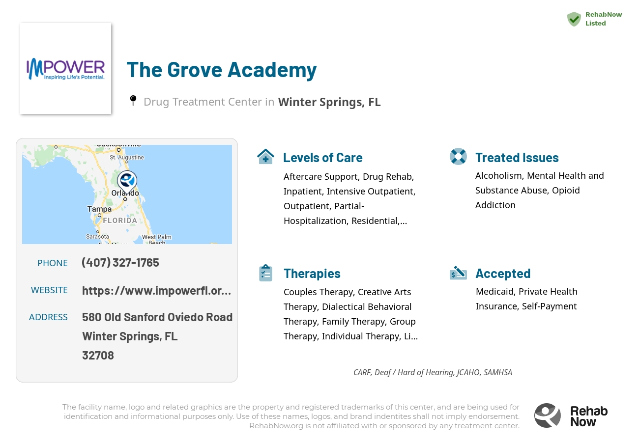 Helpful reference information for The Grove Academy, a drug treatment center in Florida located at: 580 Old Sanford Oviedo Road, Winter Springs, FL, 32708, including phone numbers, official website, and more. Listed briefly is an overview of Levels of Care, Therapies Offered, Issues Treated, and accepted forms of Payment Methods.