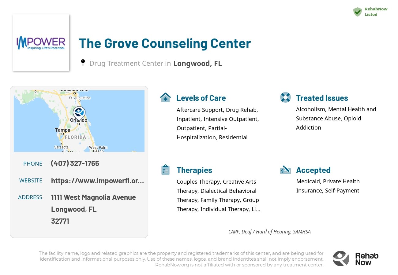 Helpful reference information for The Grove Counseling Center, a drug treatment center in Florida located at: 1111 West Magnolia Avenue, Longwood, FL, 32771, including phone numbers, official website, and more. Listed briefly is an overview of Levels of Care, Therapies Offered, Issues Treated, and accepted forms of Payment Methods.