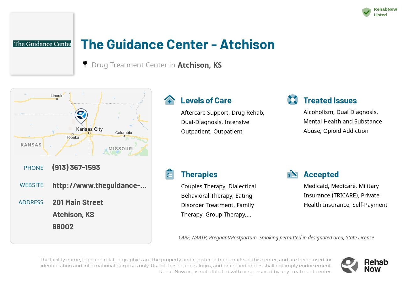 Helpful reference information for The Guidance Center - Atchison, a drug treatment center in Kansas located at: 201 Main Street, Atchison, KS, 66002, including phone numbers, official website, and more. Listed briefly is an overview of Levels of Care, Therapies Offered, Issues Treated, and accepted forms of Payment Methods.