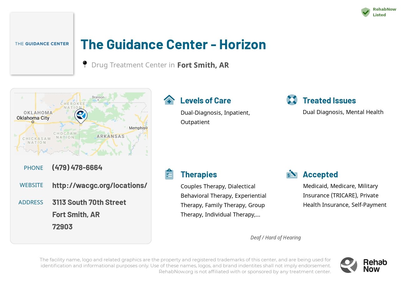 Helpful reference information for The Guidance Center - Horizon, a drug treatment center in Arkansas located at: 3113 South 70th Street, Fort Smith, AR, 72903, including phone numbers, official website, and more. Listed briefly is an overview of Levels of Care, Therapies Offered, Issues Treated, and accepted forms of Payment Methods.