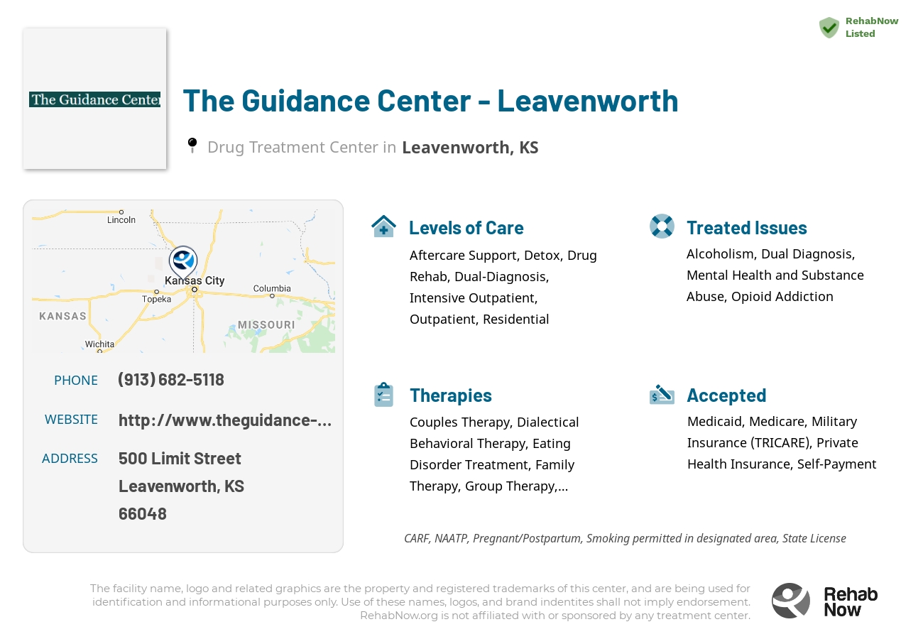 Helpful reference information for The Guidance Center - Leavenworth, a drug treatment center in Kansas located at: 500 Limit Street, Leavenworth, KS, 66048, including phone numbers, official website, and more. Listed briefly is an overview of Levels of Care, Therapies Offered, Issues Treated, and accepted forms of Payment Methods.