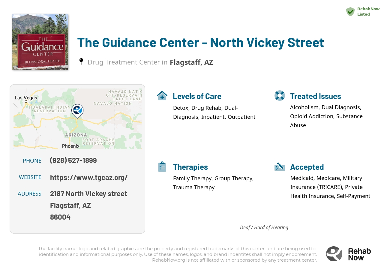 Helpful reference information for The Guidance Center - North Vickey Street, a drug treatment center in Arizona located at: 2187 2187 North Vickey street, Flagstaff, AZ 86004, including phone numbers, official website, and more. Listed briefly is an overview of Levels of Care, Therapies Offered, Issues Treated, and accepted forms of Payment Methods.