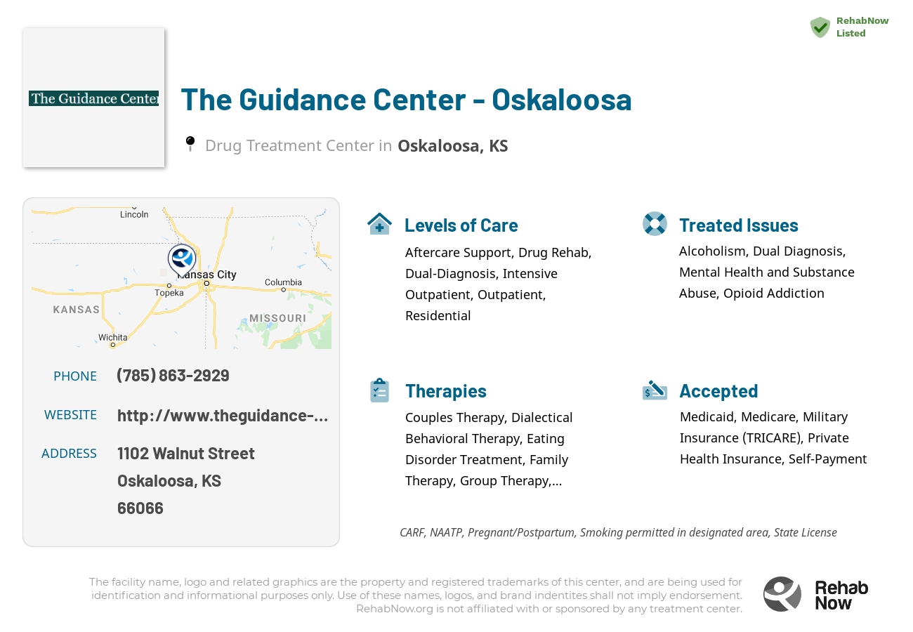 Helpful reference information for The Guidance Center - Oskaloosa, a drug treatment center in Kansas located at: 1102 Walnut Street, Oskaloosa, KS, 66066, including phone numbers, official website, and more. Listed briefly is an overview of Levels of Care, Therapies Offered, Issues Treated, and accepted forms of Payment Methods.