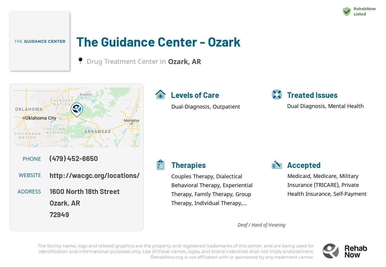 Helpful reference information for The Guidance Center - Ozark, a drug treatment center in Arkansas located at: 1600 North 18th Street, Ozark, AR, 72949, including phone numbers, official website, and more. Listed briefly is an overview of Levels of Care, Therapies Offered, Issues Treated, and accepted forms of Payment Methods.