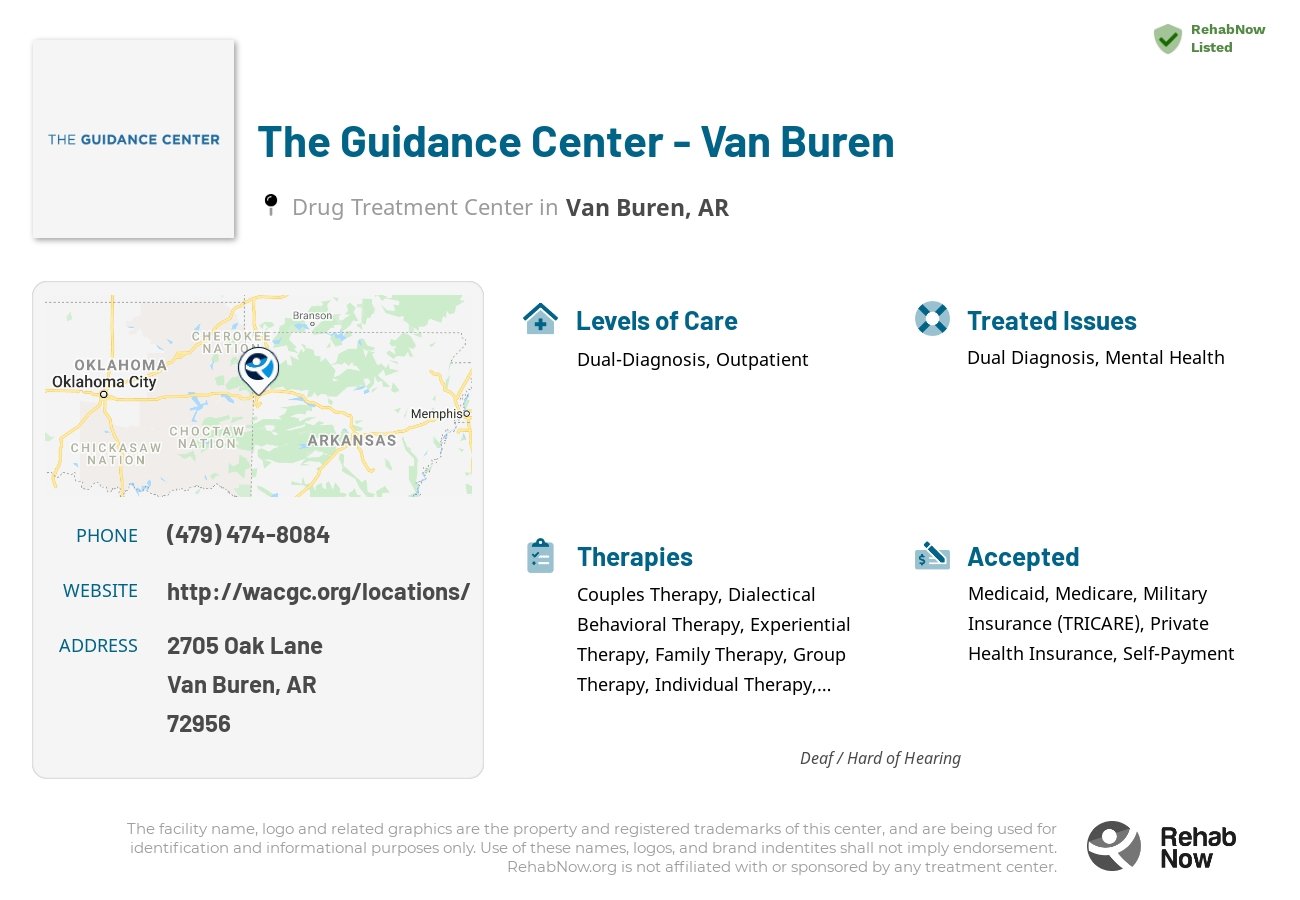 Helpful reference information for The Guidance Center - Van Buren, a drug treatment center in Arkansas located at: 2705 Oak Lane, Van Buren, AR, 72956, including phone numbers, official website, and more. Listed briefly is an overview of Levels of Care, Therapies Offered, Issues Treated, and accepted forms of Payment Methods.