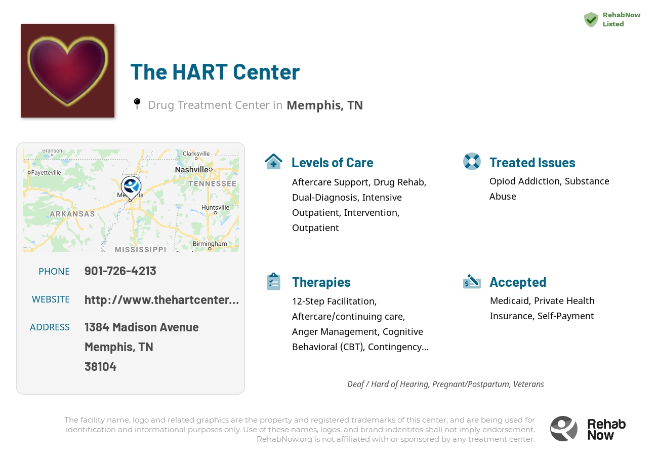 Helpful reference information for The HART Center, a drug treatment center in Tennessee located at: 1384 Madison Avenue, Memphis, TN 38104, including phone numbers, official website, and more. Listed briefly is an overview of Levels of Care, Therapies Offered, Issues Treated, and accepted forms of Payment Methods.