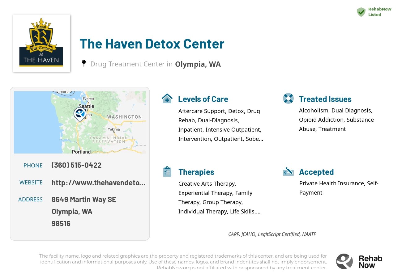 Helpful reference information for The Haven Detox Center, a drug treatment center in Washington located at: 8649 Martin Way SE, Olympia, WA 98516, including phone numbers, official website, and more. Listed briefly is an overview of Levels of Care, Therapies Offered, Issues Treated, and accepted forms of Payment Methods.