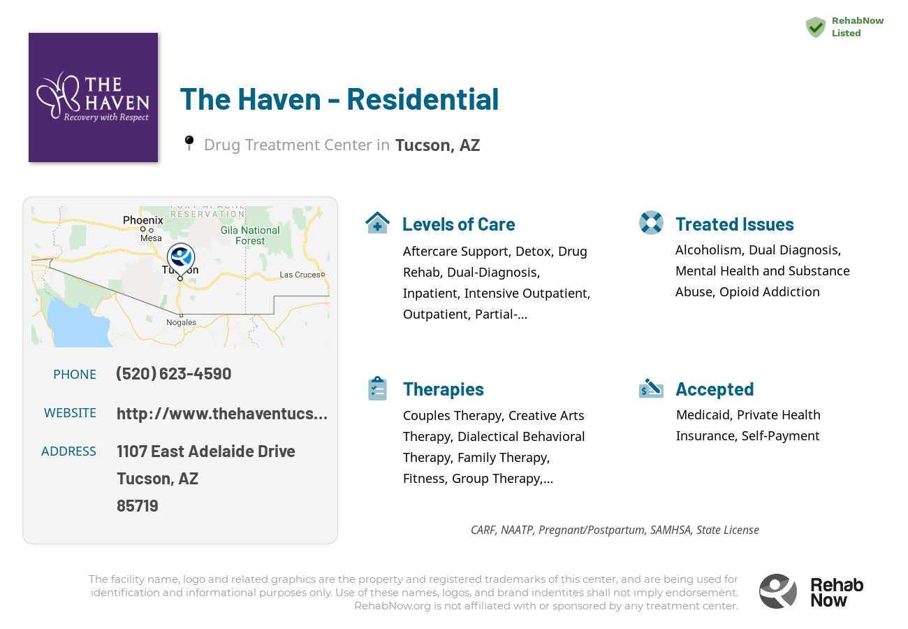 Helpful reference information for The Haven - Residential, a drug treatment center in Arizona located at: 1107 East Adelaide Drive, Tucson, AZ, 85719, including phone numbers, official website, and more. Listed briefly is an overview of Levels of Care, Therapies Offered, Issues Treated, and accepted forms of Payment Methods.