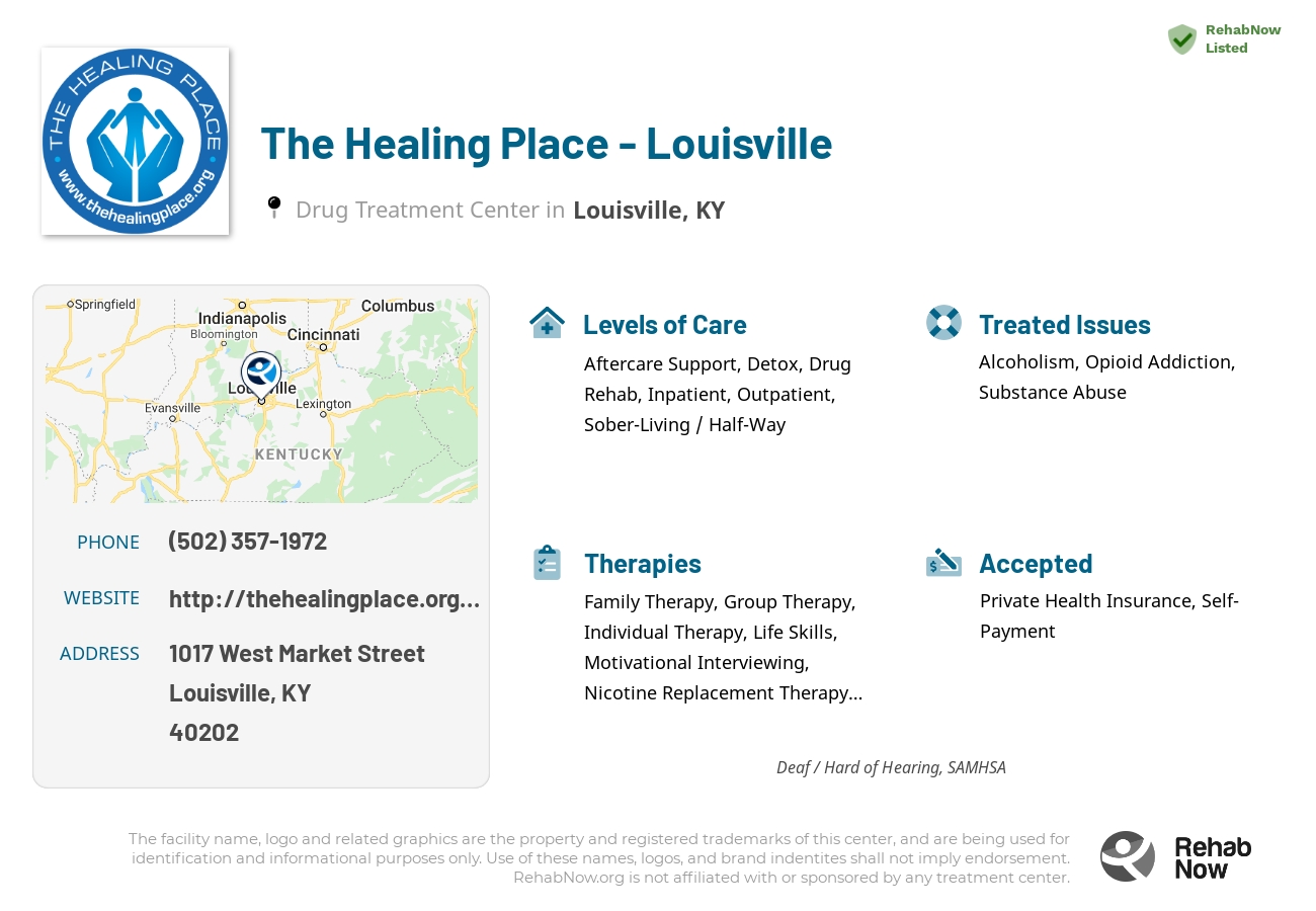 Helpful reference information for The Healing Place - Louisville, a drug treatment center in Kentucky located at: 1017 West Market Street, Louisville, KY, 40202, including phone numbers, official website, and more. Listed briefly is an overview of Levels of Care, Therapies Offered, Issues Treated, and accepted forms of Payment Methods.
