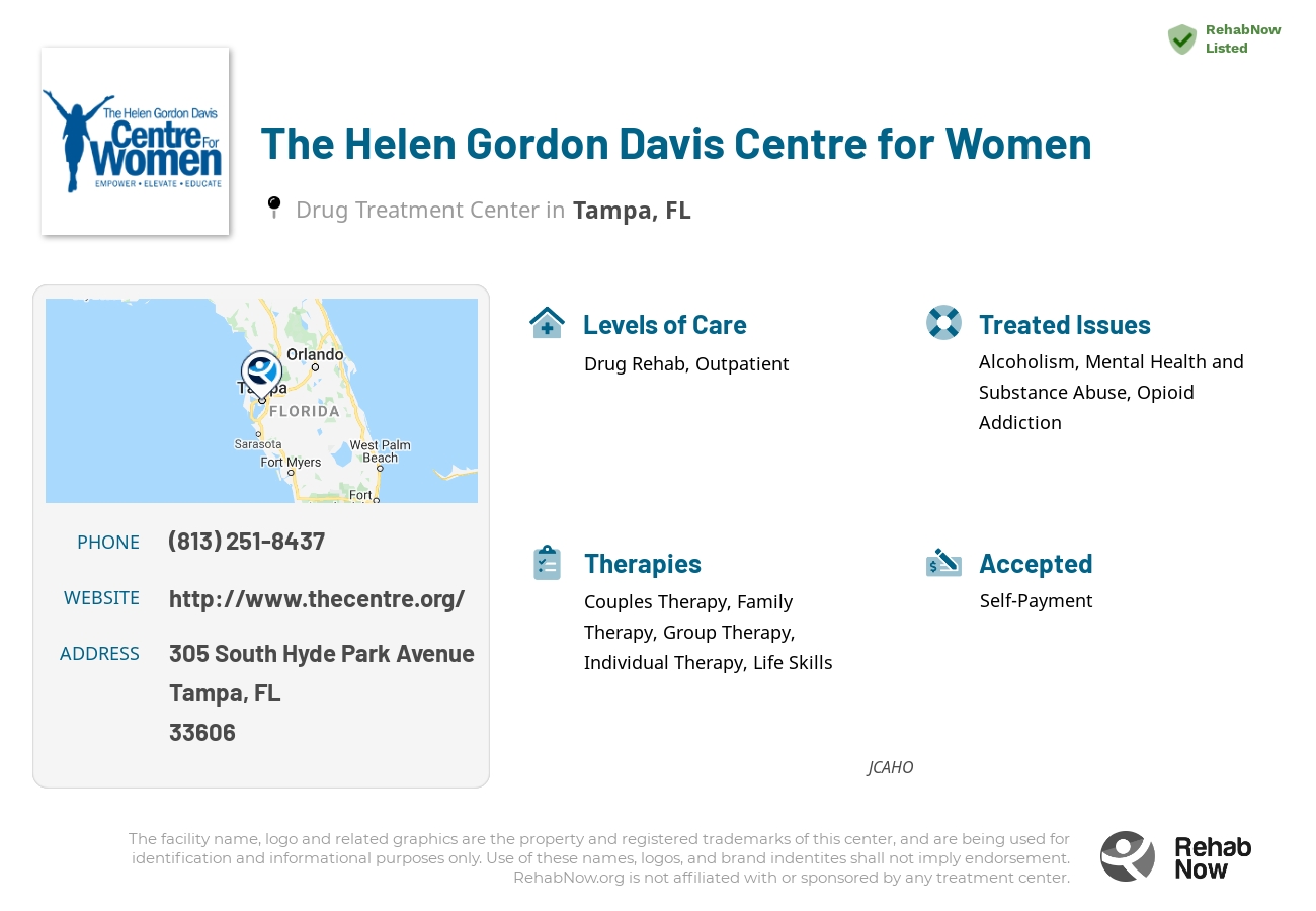 Helpful reference information for The Helen Gordon Davis Centre for Women, a drug treatment center in Florida located at: 305 South Hyde Park Avenue, Tampa, FL, 33606, including phone numbers, official website, and more. Listed briefly is an overview of Levels of Care, Therapies Offered, Issues Treated, and accepted forms of Payment Methods.