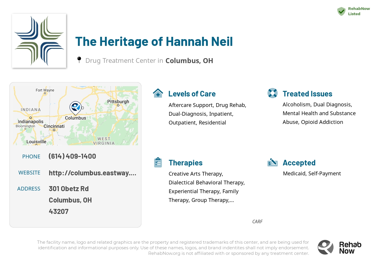 Helpful reference information for The Heritage of Hannah Neil, a drug treatment center in Ohio located at: 301 Obetz Rd, Columbus, OH 43207, including phone numbers, official website, and more. Listed briefly is an overview of Levels of Care, Therapies Offered, Issues Treated, and accepted forms of Payment Methods.